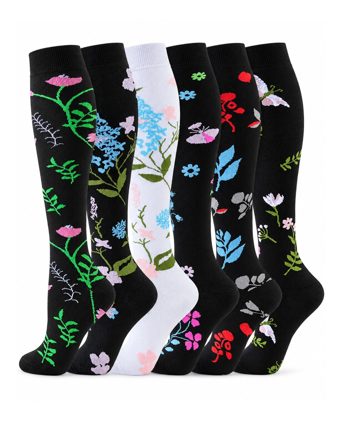 Patterned Compression Socks 6 Pair Set - Midnight Botanical AI generated white background six pair assortment