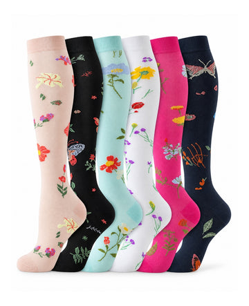 Patterned Compression Socks 6 Pair Set - Pastel Garden AI generated white background six pair assortment