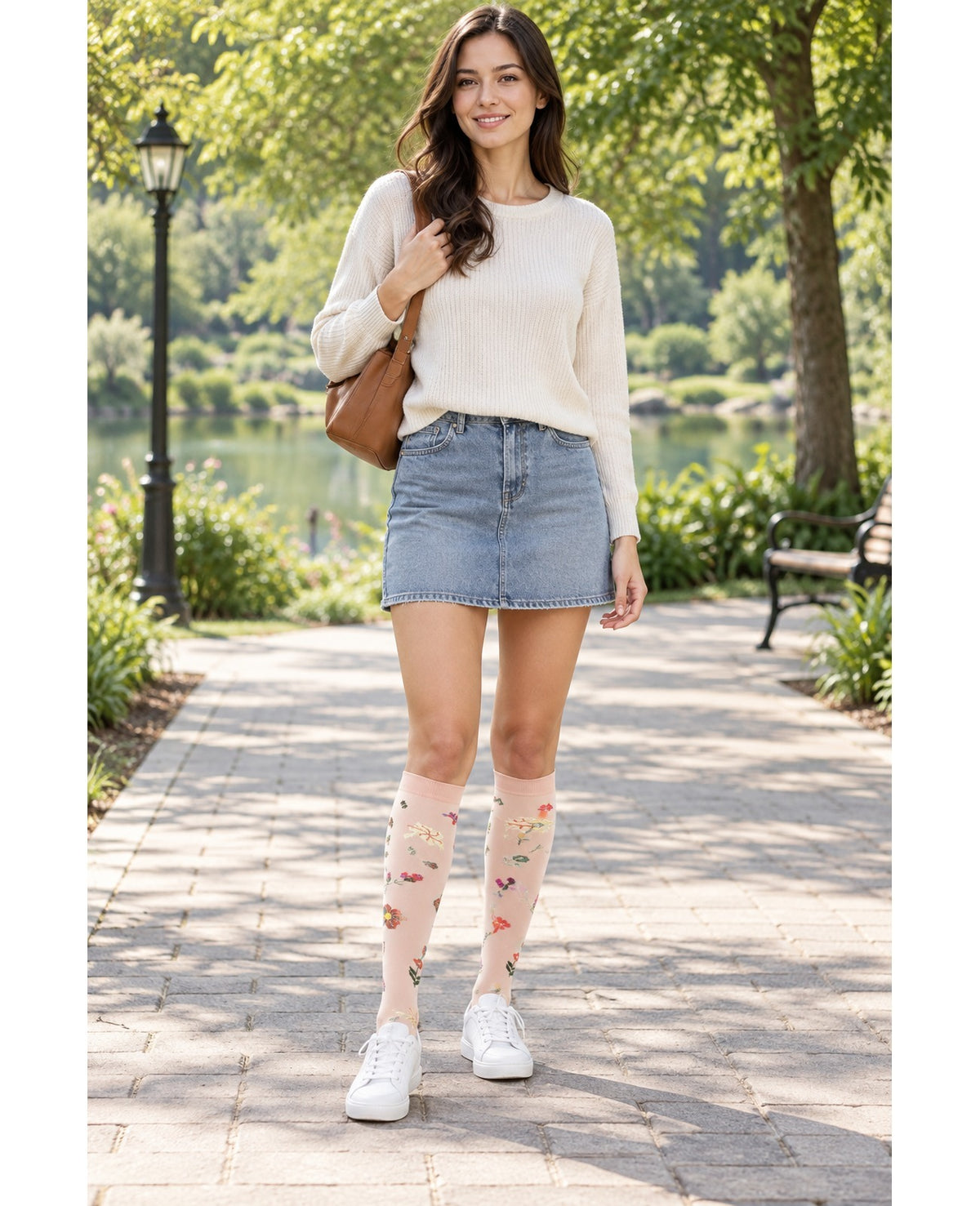Patterned Compression Socks 6 Pair Set - New Floral Mix 3 female model outdoor scene