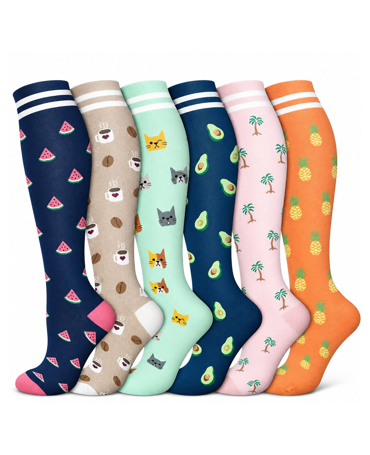 Patterned Compression Socks 6 Pair Set - Palm Tree exact six pair assortment sharp white background hero image