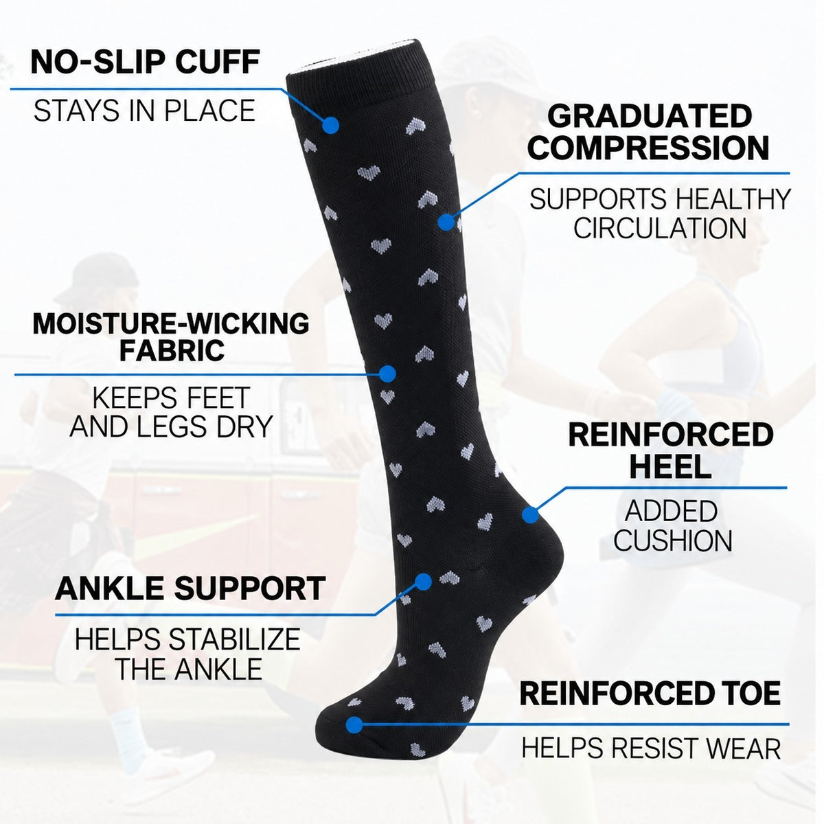 Patterned Compression Socks 6 Pair Set - Blue Arrow performance features detail