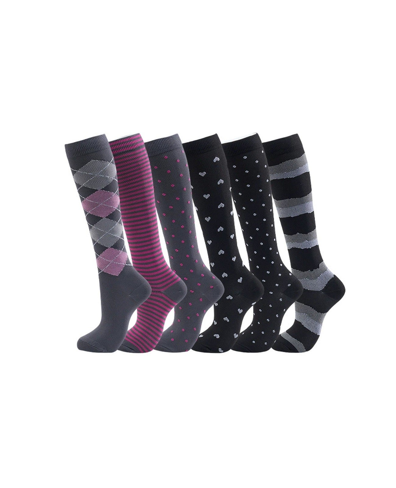 Patterned Compression Socks 6 Pair Set - Pink Collar exact six pair assortment hero image