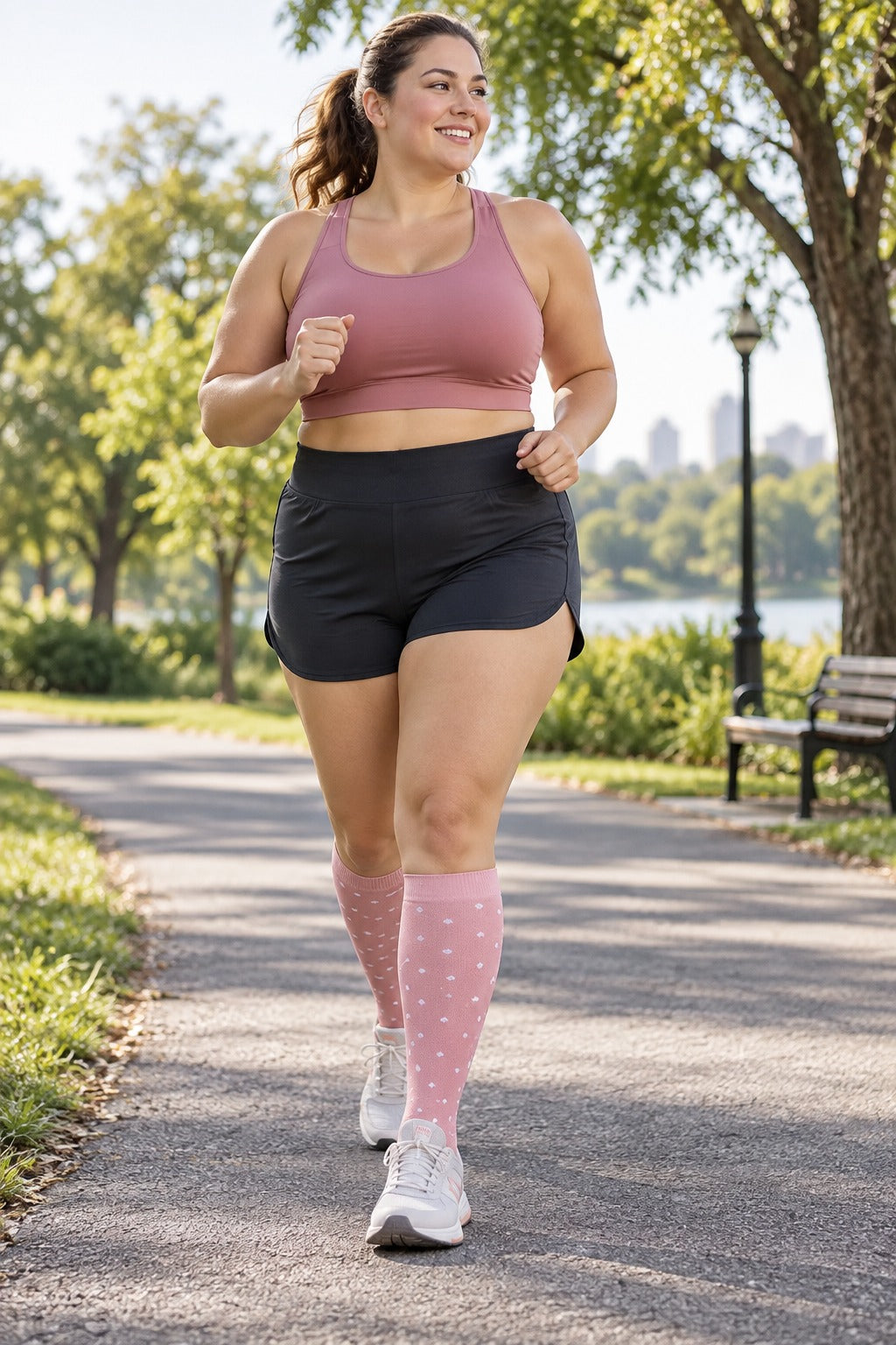 Patterned Compression Socks 6 Pair Set - Pink Dots female running scene