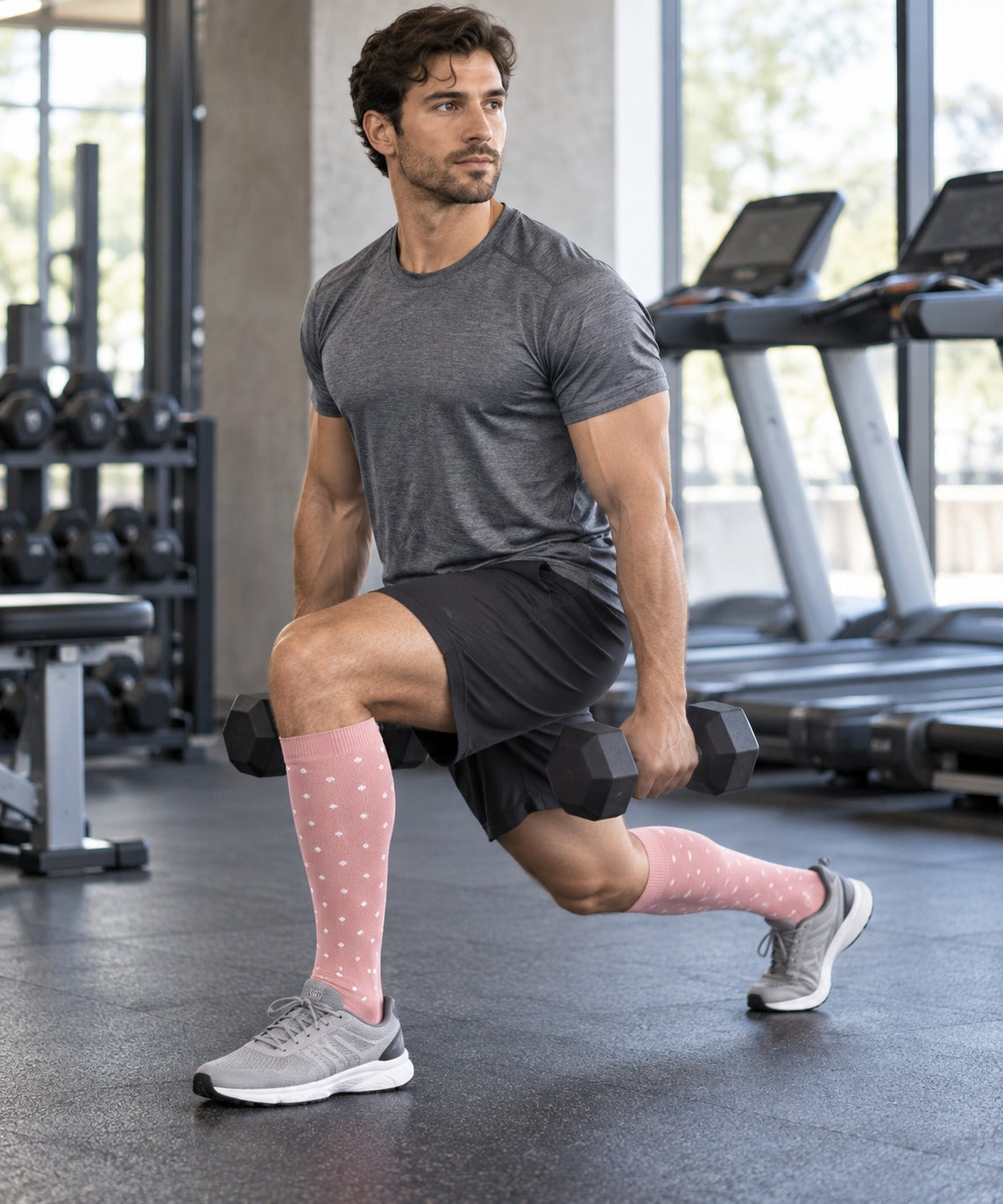 Patterned Compression Socks 6 Pair Set - Pink Dots male training scene