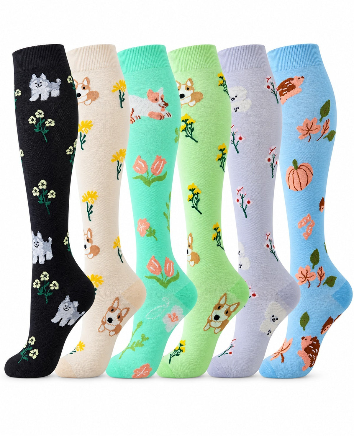 Patterned Compression Socks Knee High 6 Pair Set - Puppy Parade clean white background hero