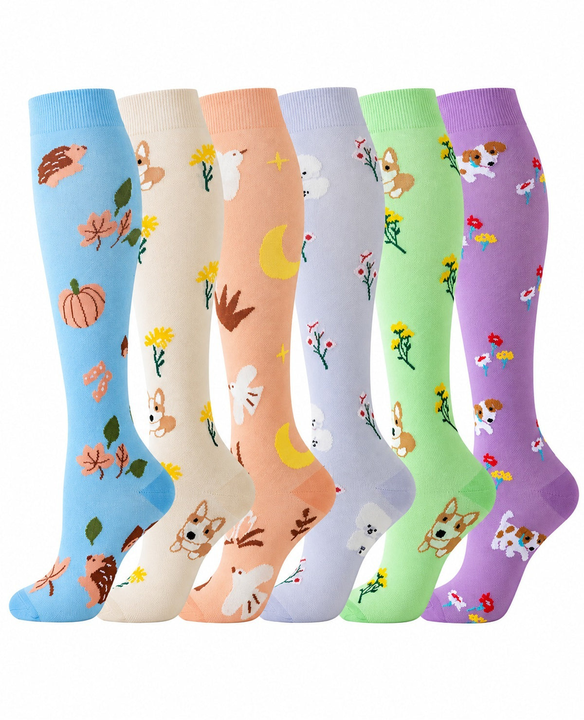 Patterned Compression Socks Knee High 6 Pair Set - Puppy Meadow clean white background hero