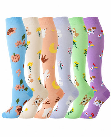 Patterned Compression Socks Knee High 6 Pair Set - Puppy Meadow clean white background hero