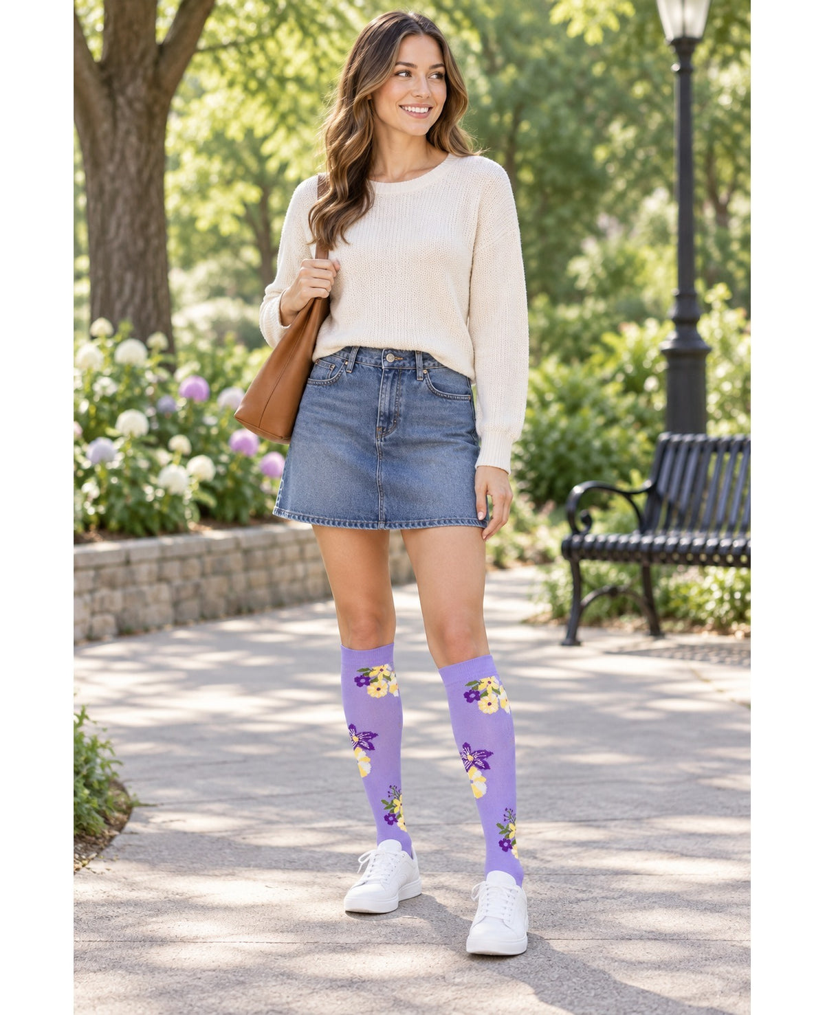 Patterned Compression Socks 6 Pair Set - Purple Flower Mix 40 female model outdoor scene