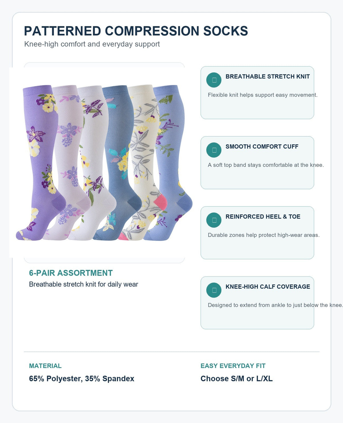 Patterned Compression Socks 6 Pair Set - Purple Flower Mix 40 structure and function