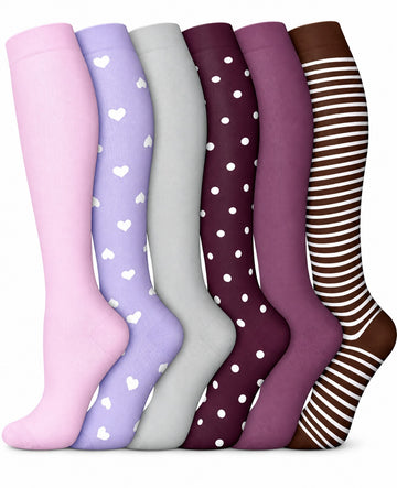 Patterned Compression Socks Knee High 6 Pair Set - Purple Garden clean white background hero