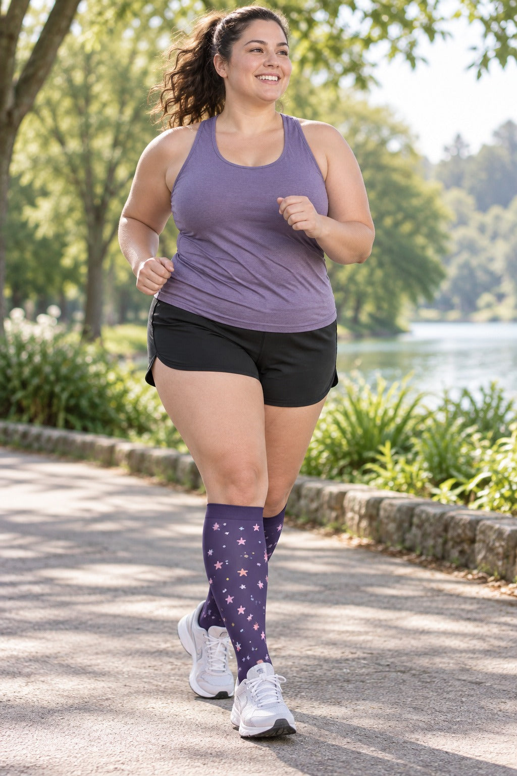 Patterned Compression Socks 6 Pair Set - Purple Stars female running scene