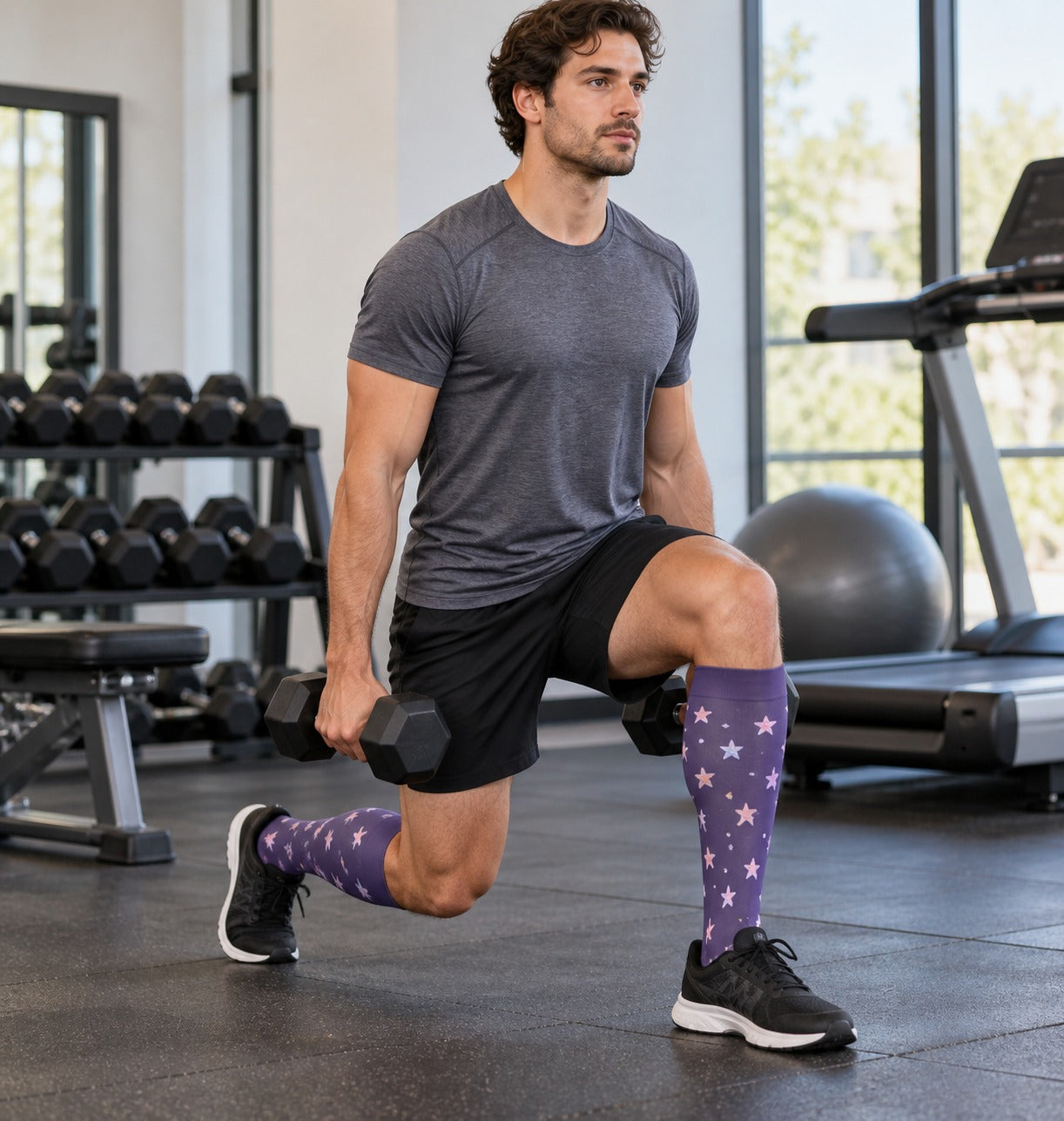 Patterned Compression Socks 6 Pair Set - Purple Stars male training scene