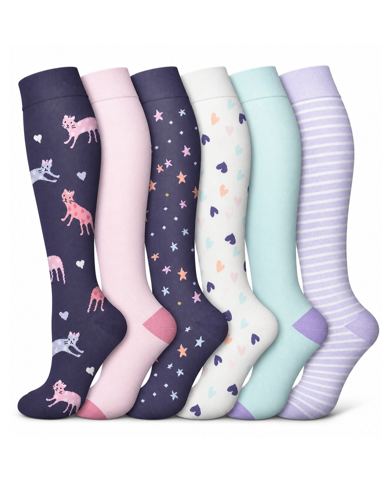 Patterned Compression Socks 6 Pair Set - Purple Stars AI regenerated regular-size hero image