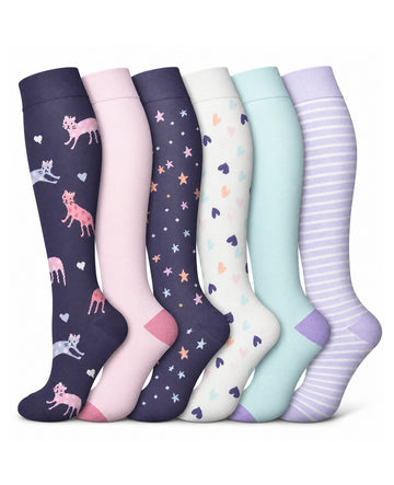 Patterned Compression Socks 6 Pair Set - Purple Stars AI regenerated regular-size hero image