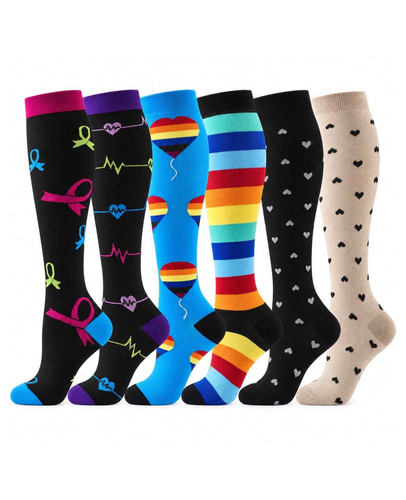 Patterned Compression Socks 6 Pair Set - Rainbow Medical Hearts exact six pair assortment sharp white background hero image