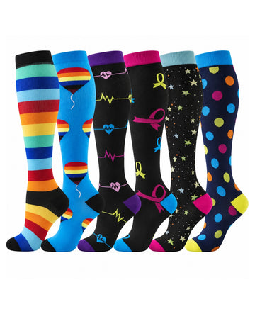 Patterned Compression Socks 6 Pair Set - Rainbow Medical Stars exact six pair assortment sharp white background hero image
