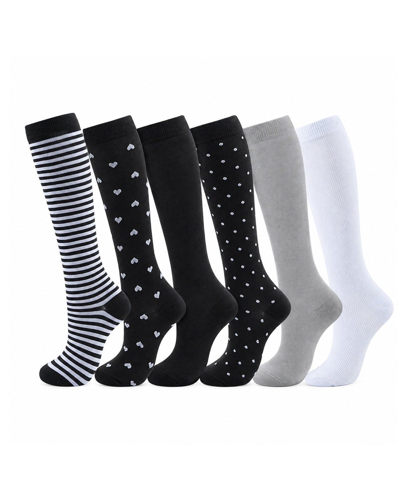 Patterned Compression Socks 6 Pair Set - Striped Polka Dot exact six pair assortment sharp white background hero image