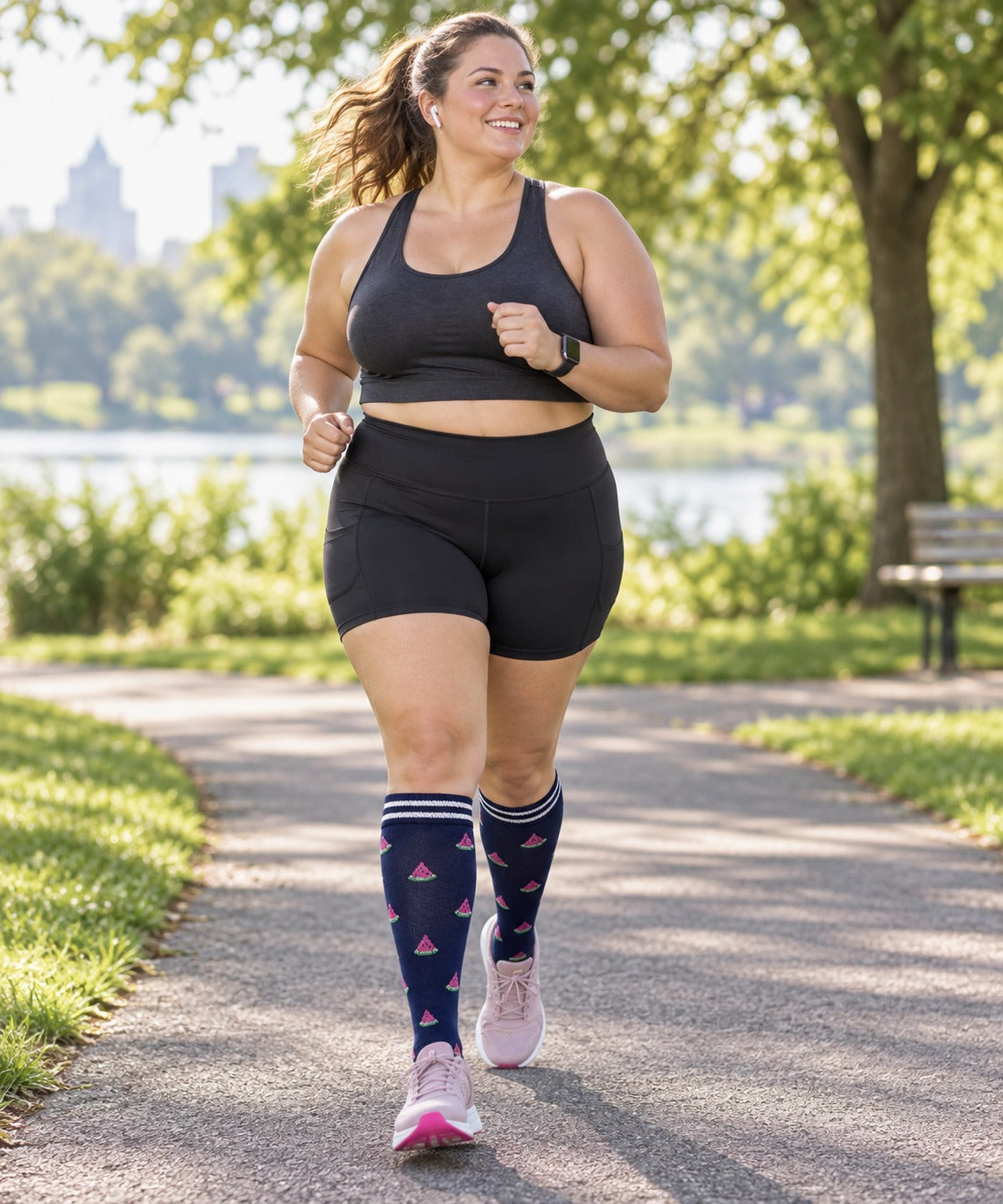 Patterned Compression Socks 6 Pair Set - Watermelon female running scene
