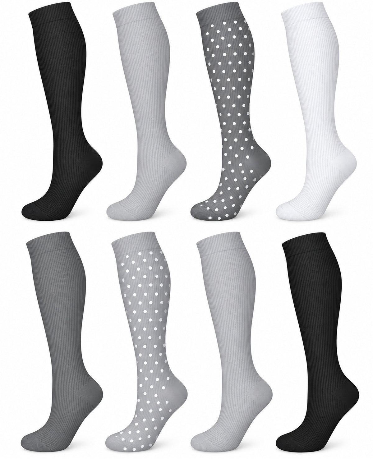 Patterned Compression Socks Knee High 8 Pair Set - Monochrome Mix spacious eight-pair white background hero