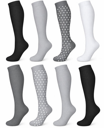 Patterned Compression Socks Knee High 8 Pair Set - Monochrome Mix spacious eight-pair white background hero