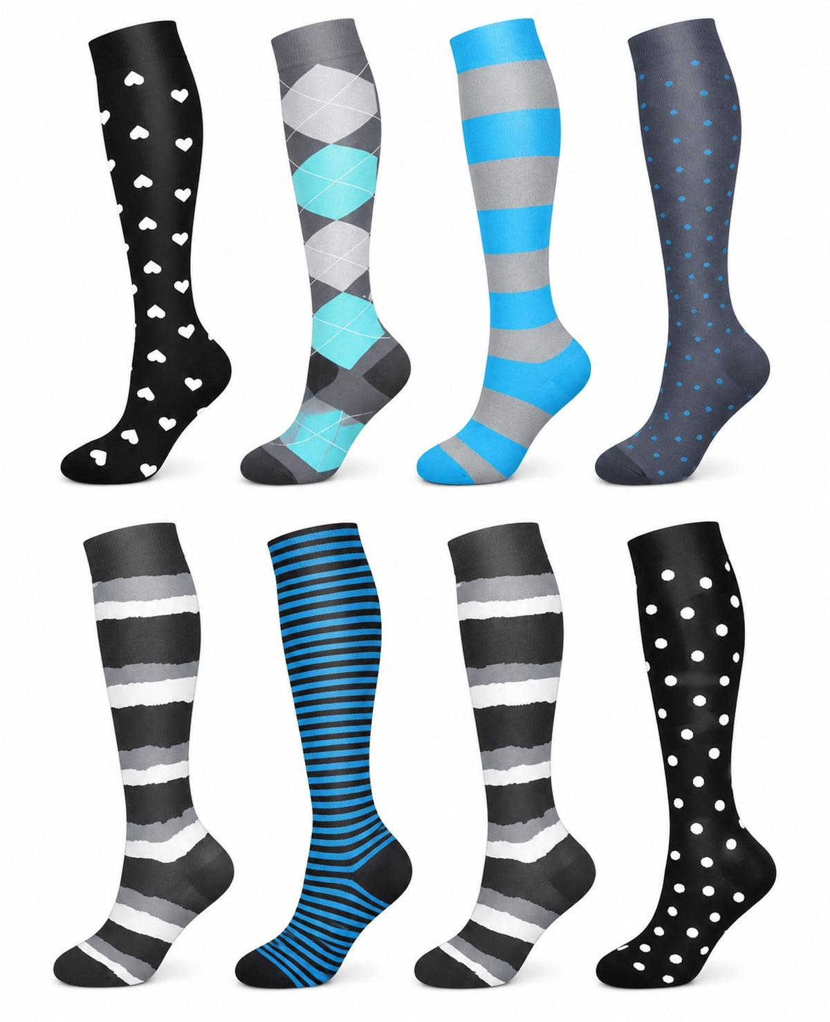 Patterned Compression Socks Knee High 8 Pair Set - Blue Stripe Mix spacious eight-pair white background hero