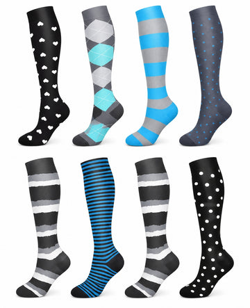 Patterned Compression Socks Knee High 8 Pair Set - Blue Stripe Mix spacious eight-pair white background hero