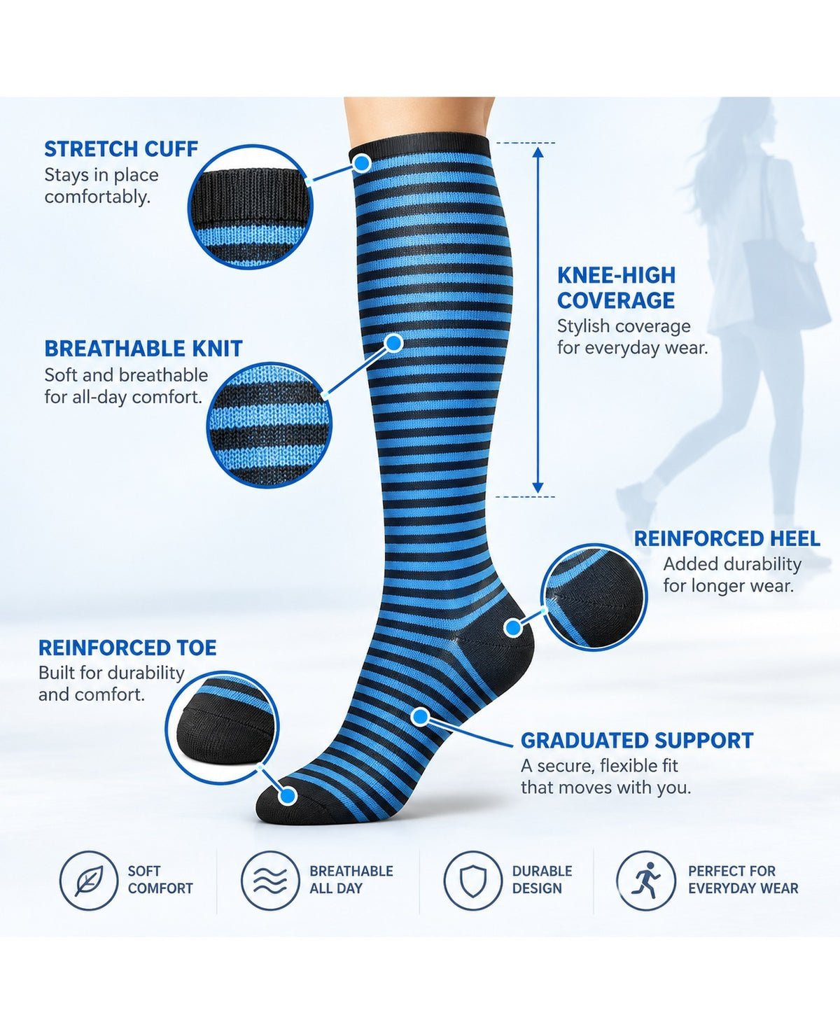 Patterned Compression Socks Knee High 8 Pair Set - Blue Stripe Mix structure and function guide