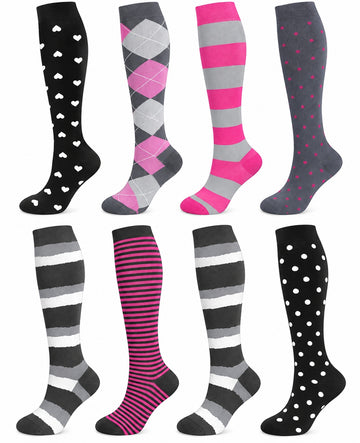 Patterned Compression Socks Knee High 8 Pair Set - Bold Pink Stripe Mix spacious eight-pair white background hero