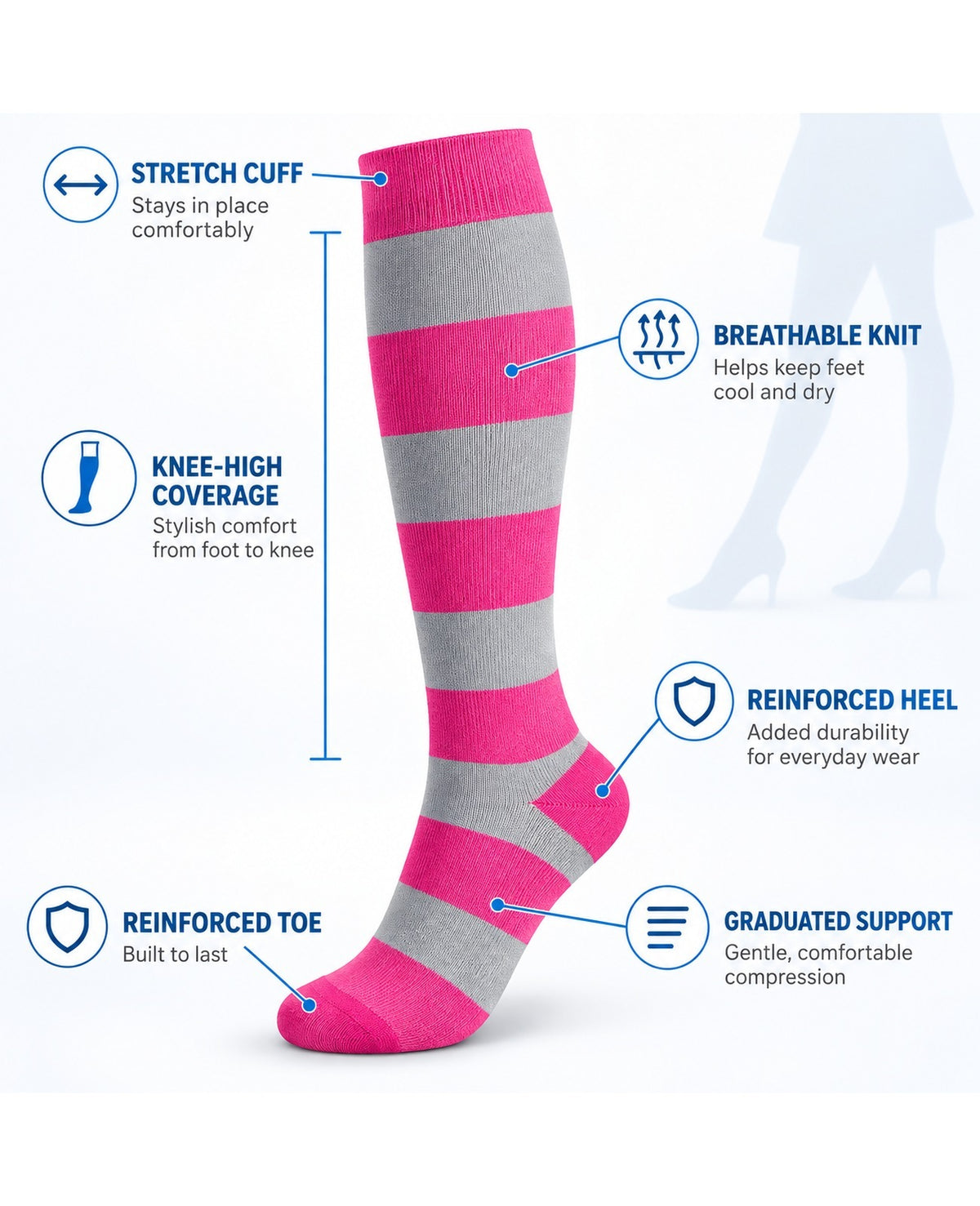 Patterned Compression Socks Knee High 8 Pair Set - Bold Pink Stripe Mix structure and function guide