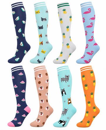 Patterned Compression Socks Knee High 8 Pair Set - Colorful Treats spacious eight-pair white background hero