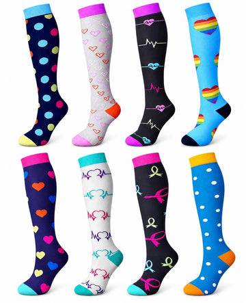 Patterned Compression Socks Knee High 8 Pair Set - Playful Pop Mix spacious eight-pair white background hero