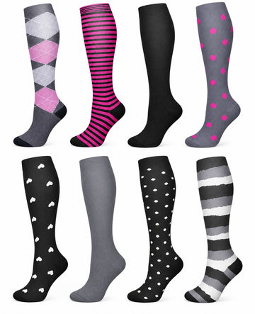 Patterned Compression Socks Knee High 8 Pair Set - Modern Argyle Mix spacious eight-pair white background hero