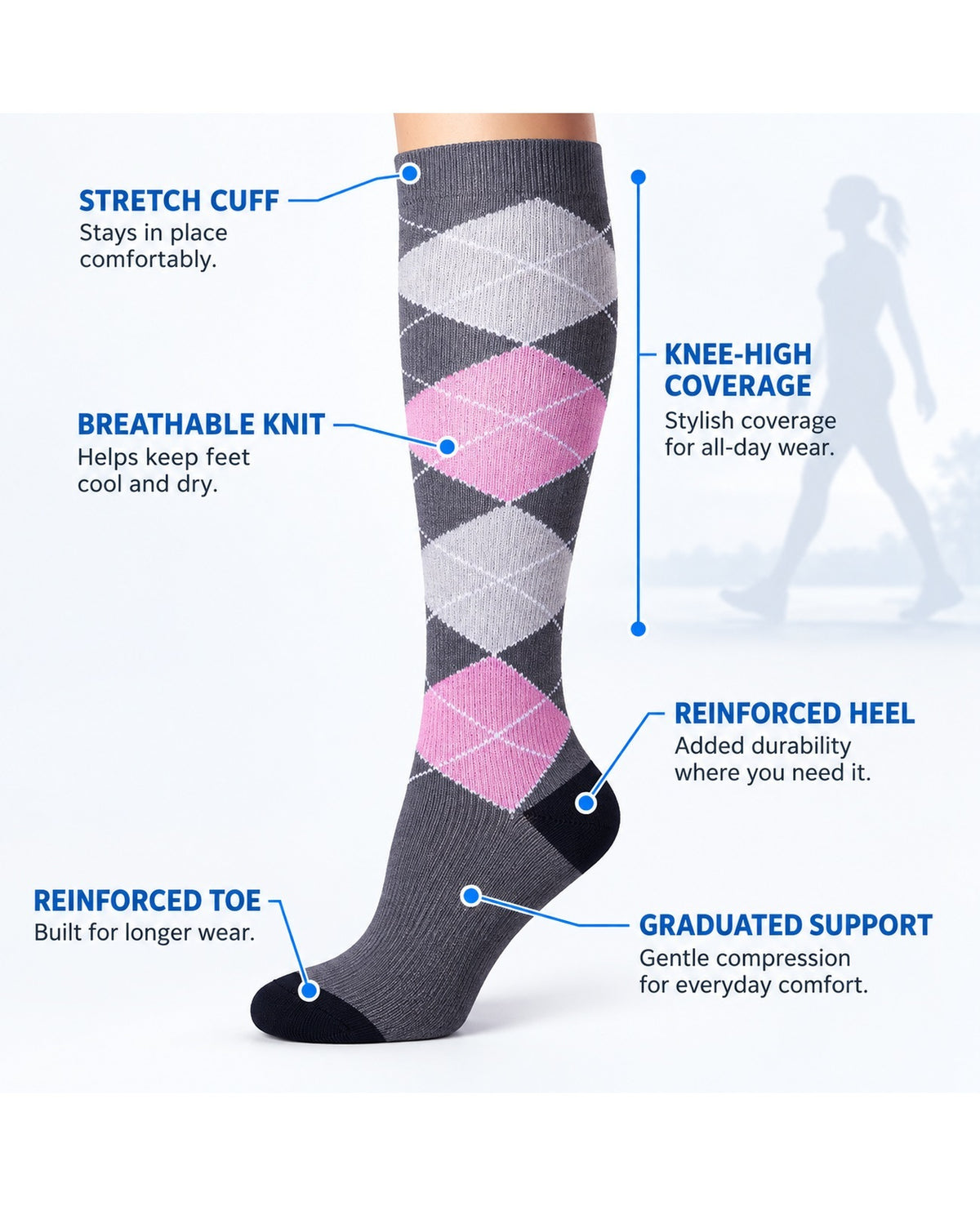 Patterned Compression Socks Knee High 8 Pair Set - Modern Argyle Mix structure and function guide