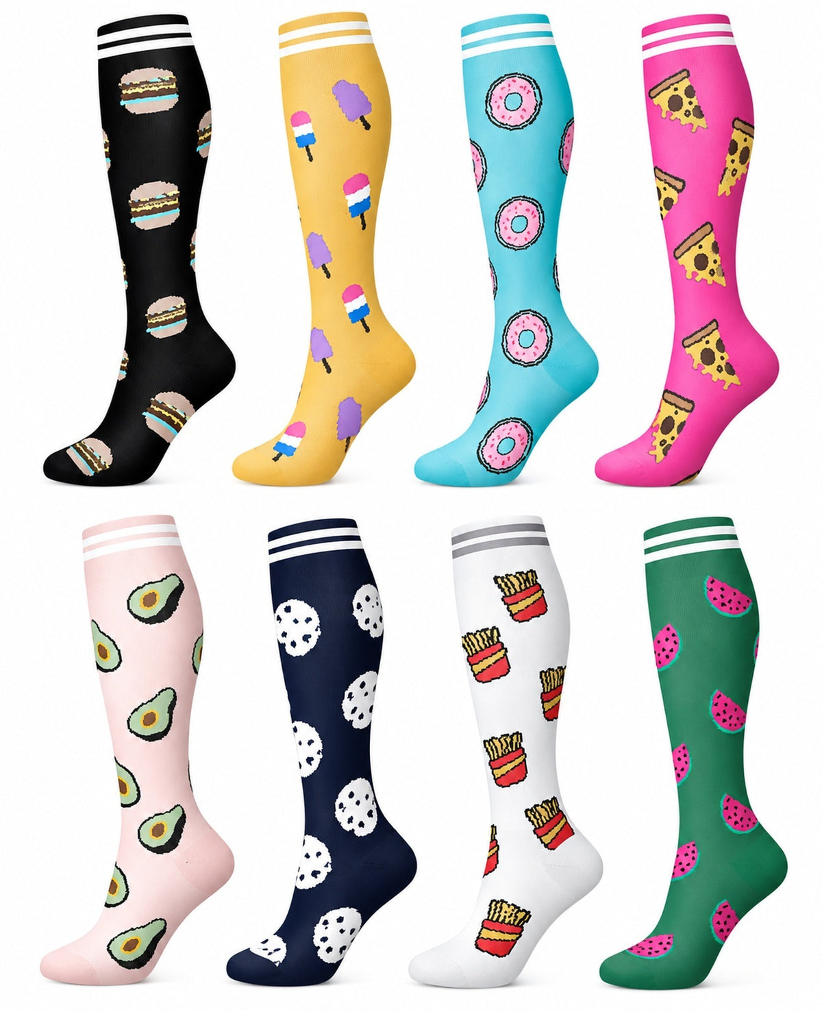 Patterned Compression Socks Knee High 8 Pair Set - Sweet Novelty Mix spacious eight-pair white background hero