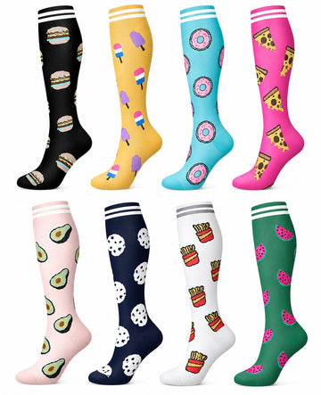 Patterned Compression Socks Knee High 8 Pair Set - Sweet Novelty Mix spacious eight-pair white background hero