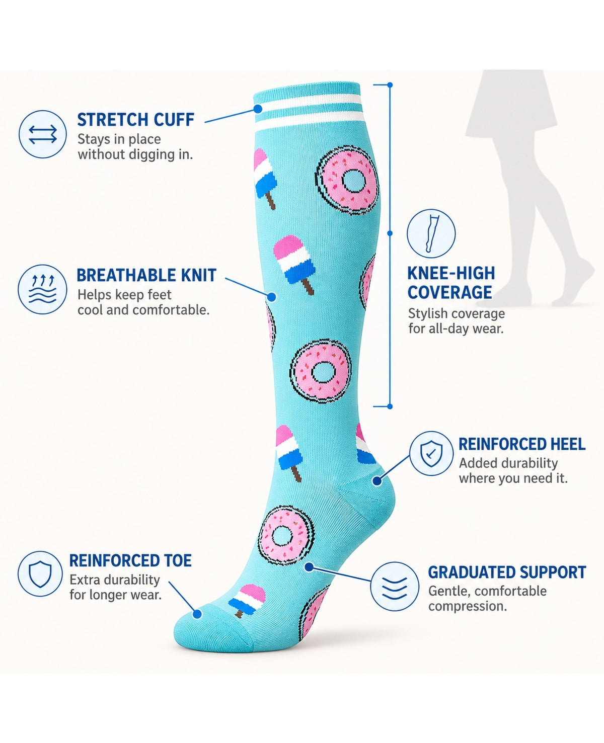 Patterned Compression Socks Knee High 8 Pair Set - Sweet Novelty Mix structure and function guide