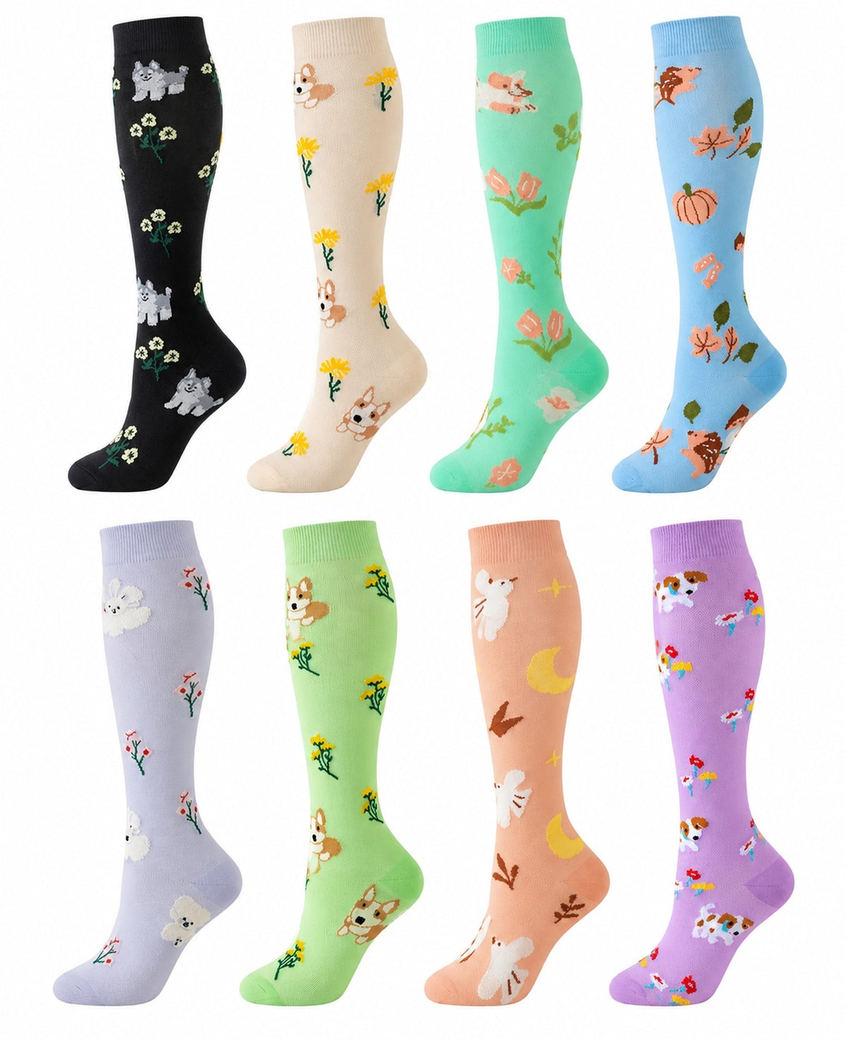 Patterned Compression Socks Knee High 8 Pair Set - Cute Garden Mix spacious eight-pair white background hero