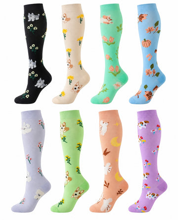 Patterned Compression Socks Knee High 8 Pair Set - Cute Garden Mix spacious eight-pair white background hero