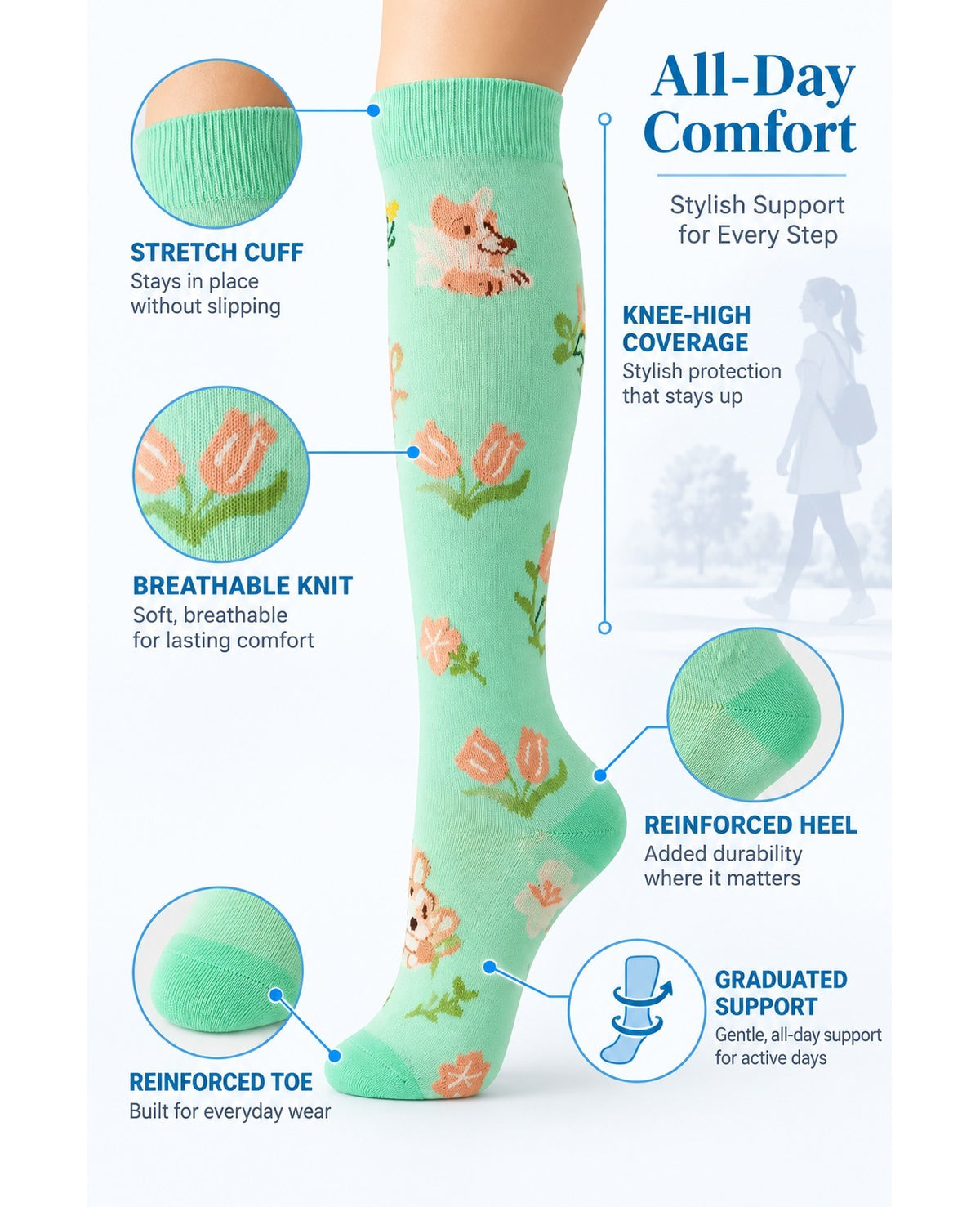 Patterned Compression Socks Knee High 8 Pair Set - Cute Garden Mix structure and function guide