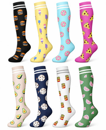 Patterned Compression Socks Knee High 8 Pair Set - Fun Snack Mix spacious eight-pair white background hero