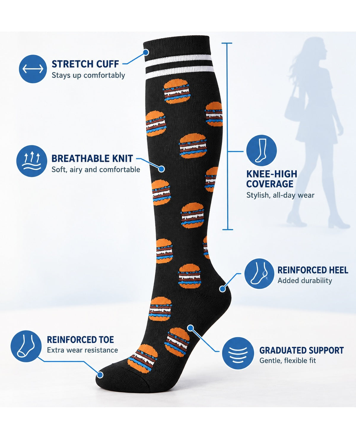 Patterned Compression Socks Knee High 8 Pair Set - Fun Snack Mix structure and function guide