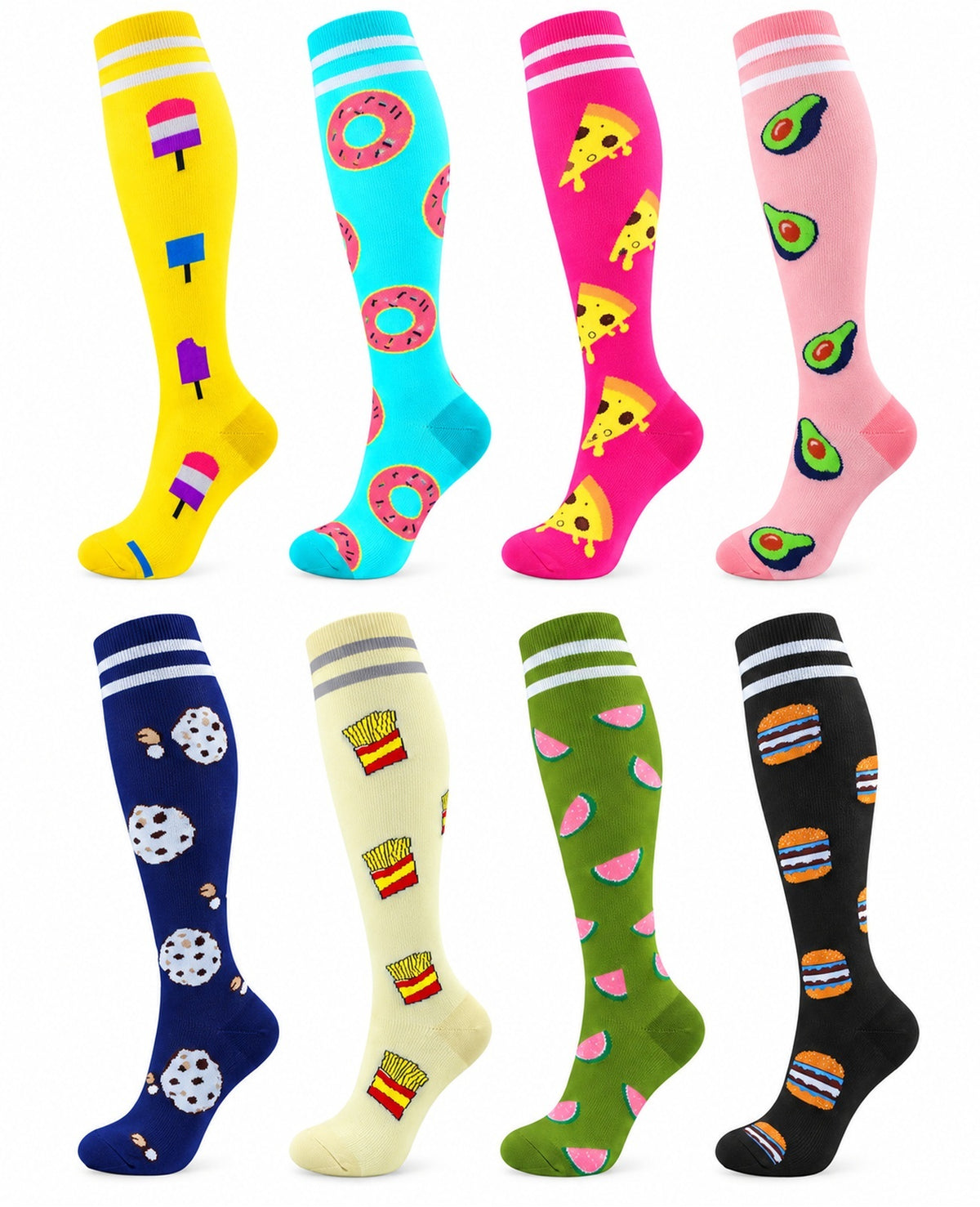 Patterned Compression Socks Knee High 8 Pair Set - Colorful Candy Mix spacious eight-pair white background hero