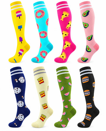 Patterned Compression Socks Knee High 8 Pair Set - Colorful Candy Mix spacious eight-pair white background hero