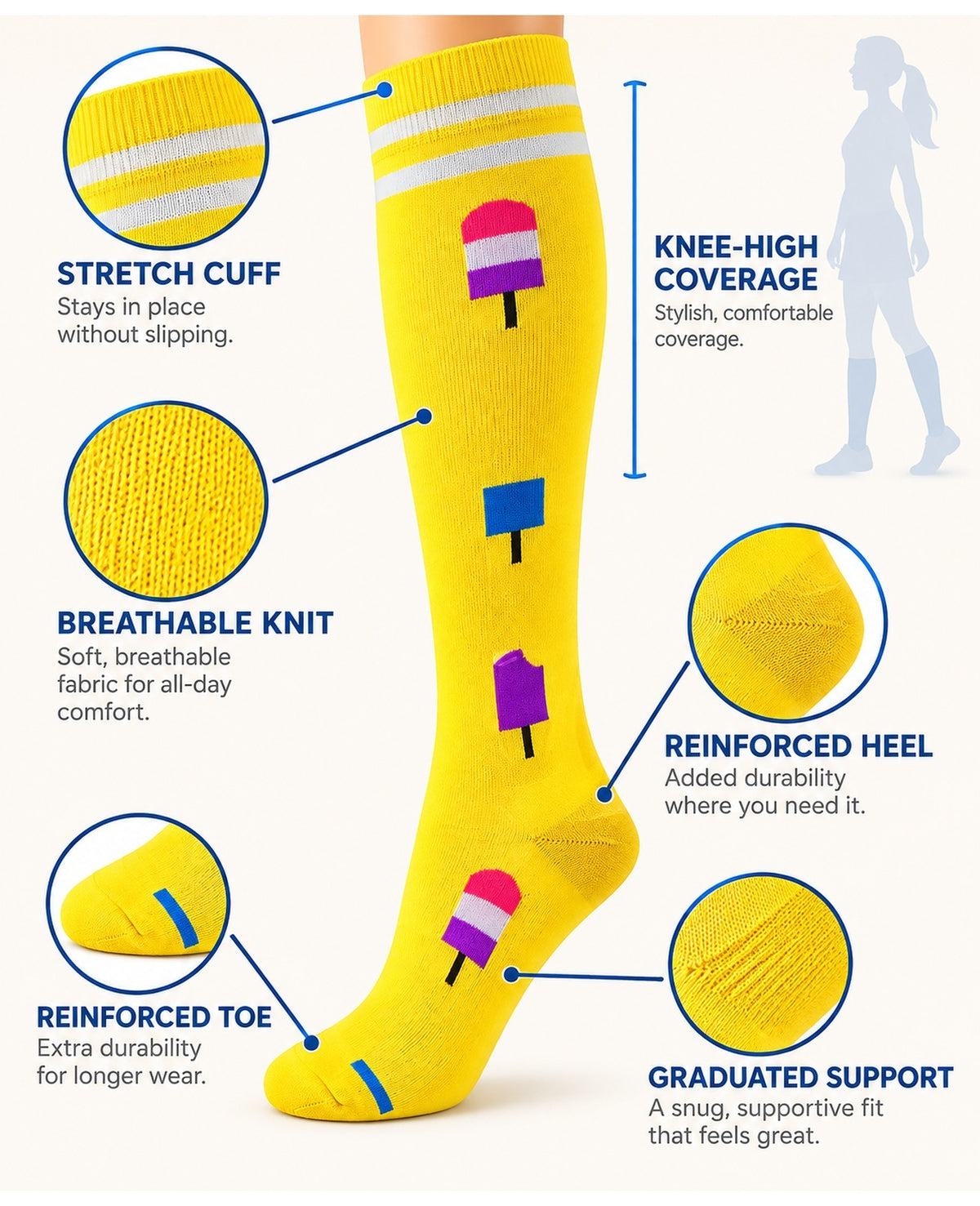 Patterned Compression Socks Knee High 8 Pair Set - Colorful Candy Mix structure and function guide