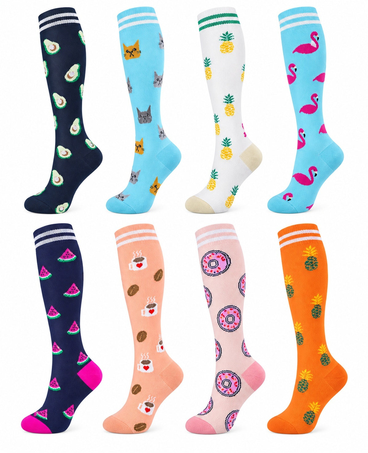 Patterned Compression Socks Knee High 8 Pair Set - Tropical Fun Mix spacious eight-pair white background hero