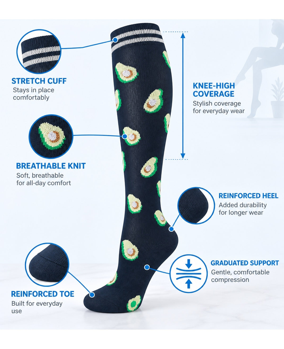 Patterned Compression Socks Knee High 8 Pair Set - Tropical Fun Mix structure and function guide