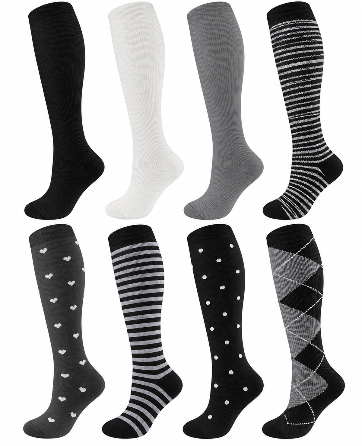 Patterned Compression Socks Knee High 8 Pair Set - Black White Classic Mix spacious eight-pair white background hero