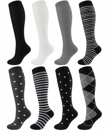 Patterned Compression Socks Knee High 8 Pair Set - Black White Classic Mix spacious eight-pair white background hero