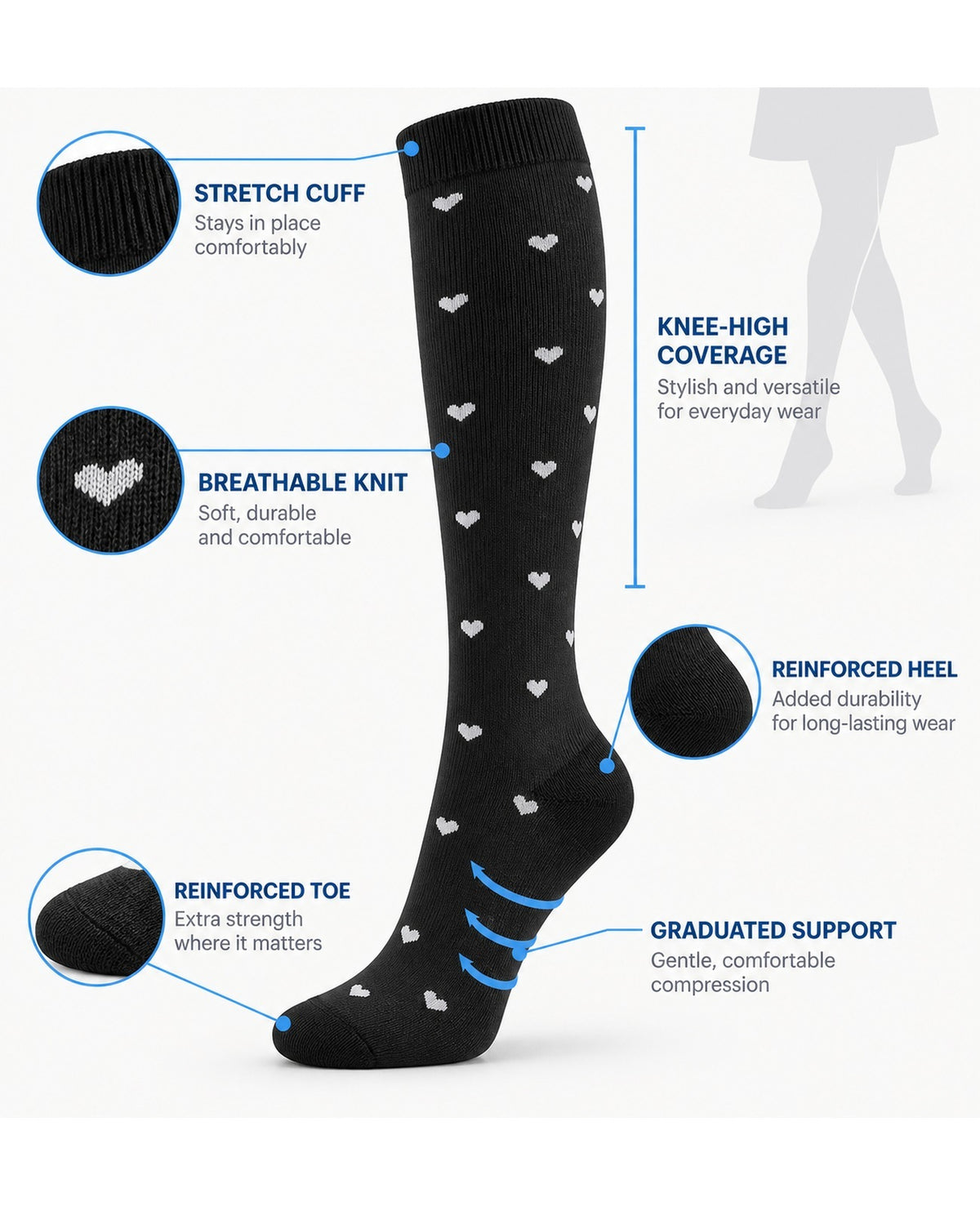 Patterned Compression Socks Knee High 8 Pair Set - Black White Classic Mix structure and function guide