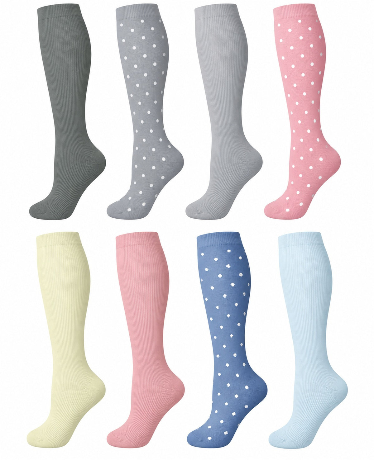 Patterned Compression Socks Knee High 8 Pair Set - Soft Gray Pink Mix spacious eight-pair white background hero